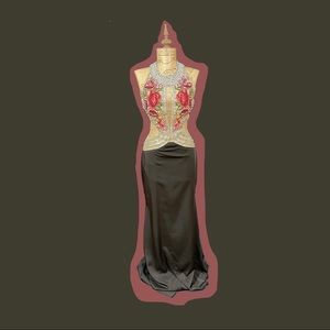 Floral mesh navy blue colors cress gown